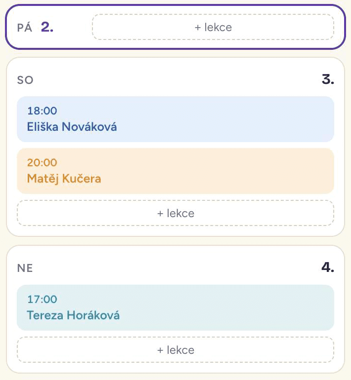 Týden v kalendáři lektora s lekcemi tří žáků