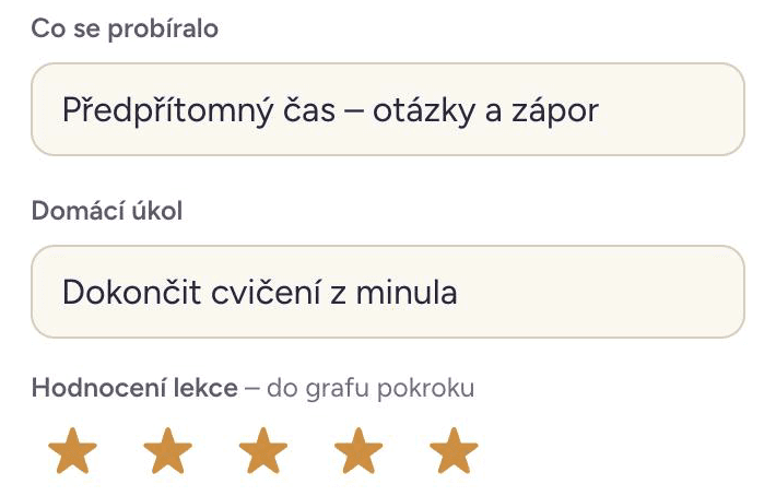 Zápis lekce: téma, domácí úkol a hodnocení hvězdičkami