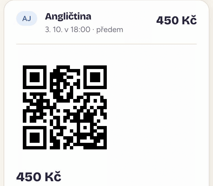 Lekce k zaplacení s QR kódem pro bankovní aplikaci (ukázkový kód)